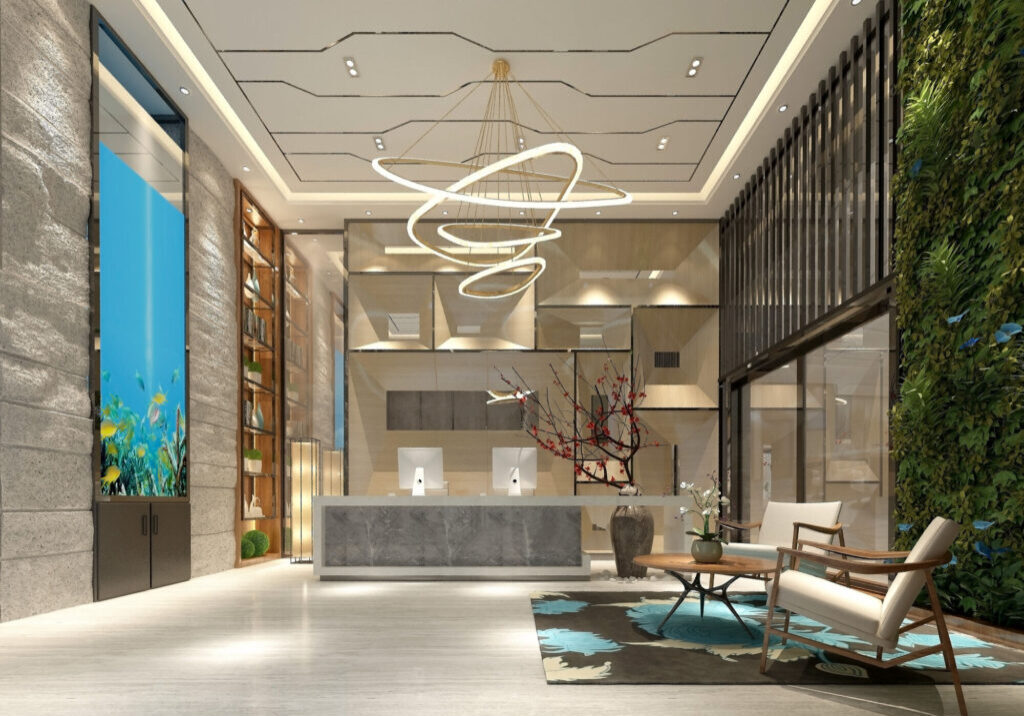3d render of luxury hotel lobby entrance reception