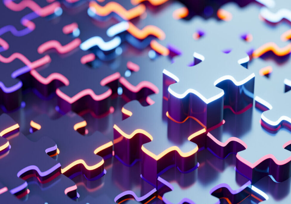 A digitally generated image featuring glowing neon-outlined jigsaw puzzle pieces, cyber background, symbolizing problem-solving, digital complexity, and technological integration. This modern and high-tech design is ideal for visuals related to cybersecurity, innovation, data systems, and artificial intelligence.