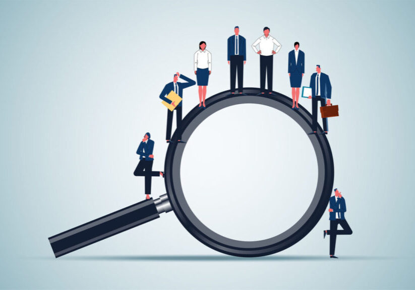 Recruitment or candidate selection and decision-making, human resource management, job vacancies, a group of businesspeople under scrutiny